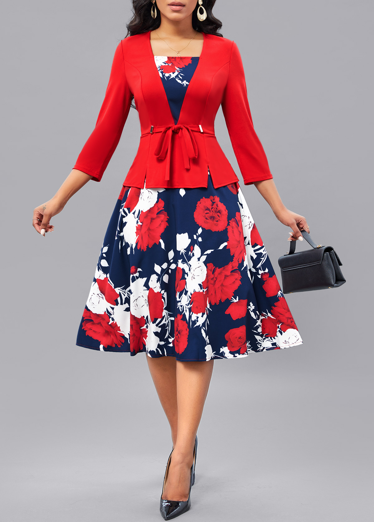 Red Fake 2in1 Floral Print Belted Square Neck Dress