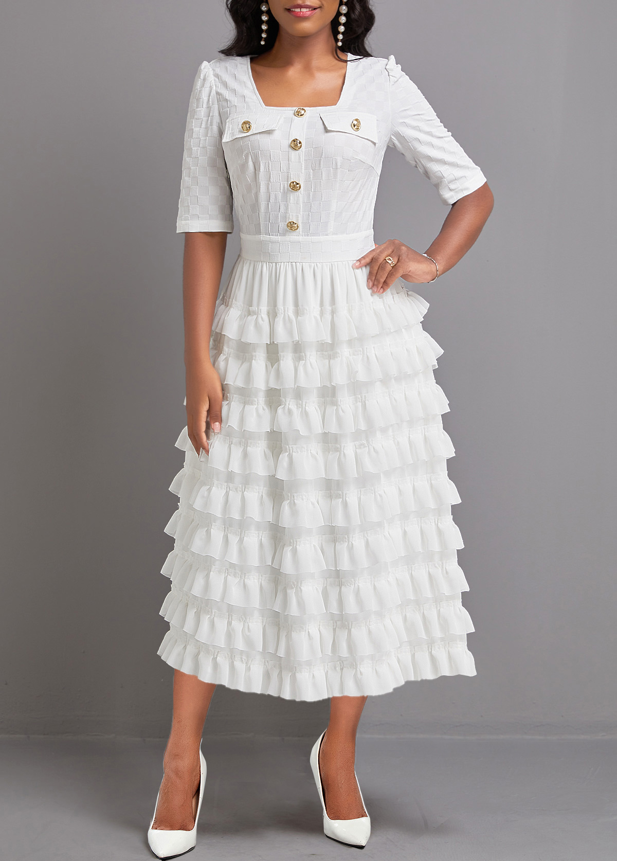 White Lightweight Half Sleeve Square Neck Maxi Dress