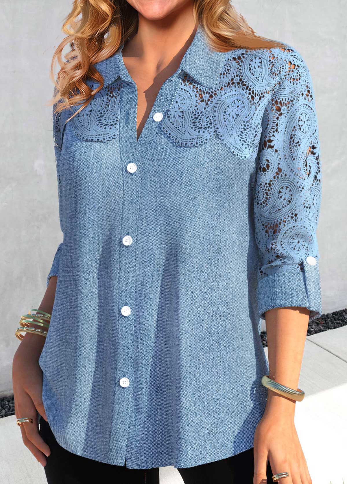 Dusty Blue Patchwork Long Sleeve Turn Down Collar Blouse