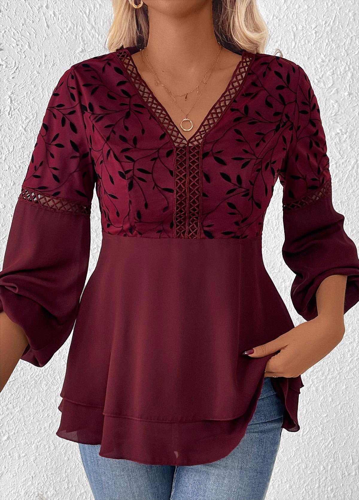 Wine Red Patchwork Leaf Print Long Sleeve Blouse | picture 