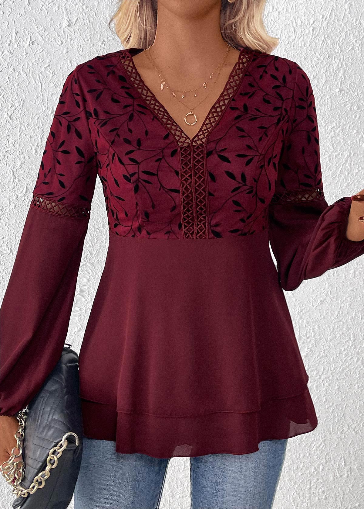 Wine Red Patchwork Leaf Print Long Sleeve Blouse | picture 