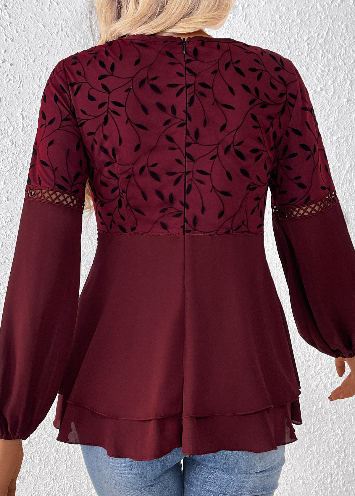Wine Red Patchwork Leaf Print Long Sleeve Blouse | picture 