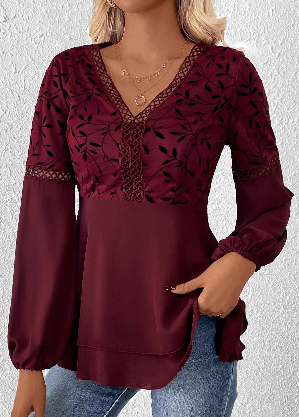 Wine Red Patchwork Leaf Print Long Sleeve Blouse | picture 