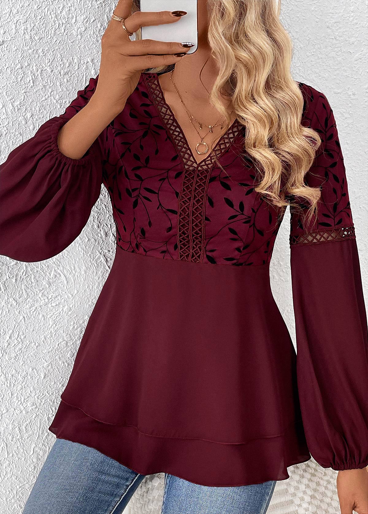 Wine Red Patchwork Leaf Print Long Sleeve Blouse | picture 