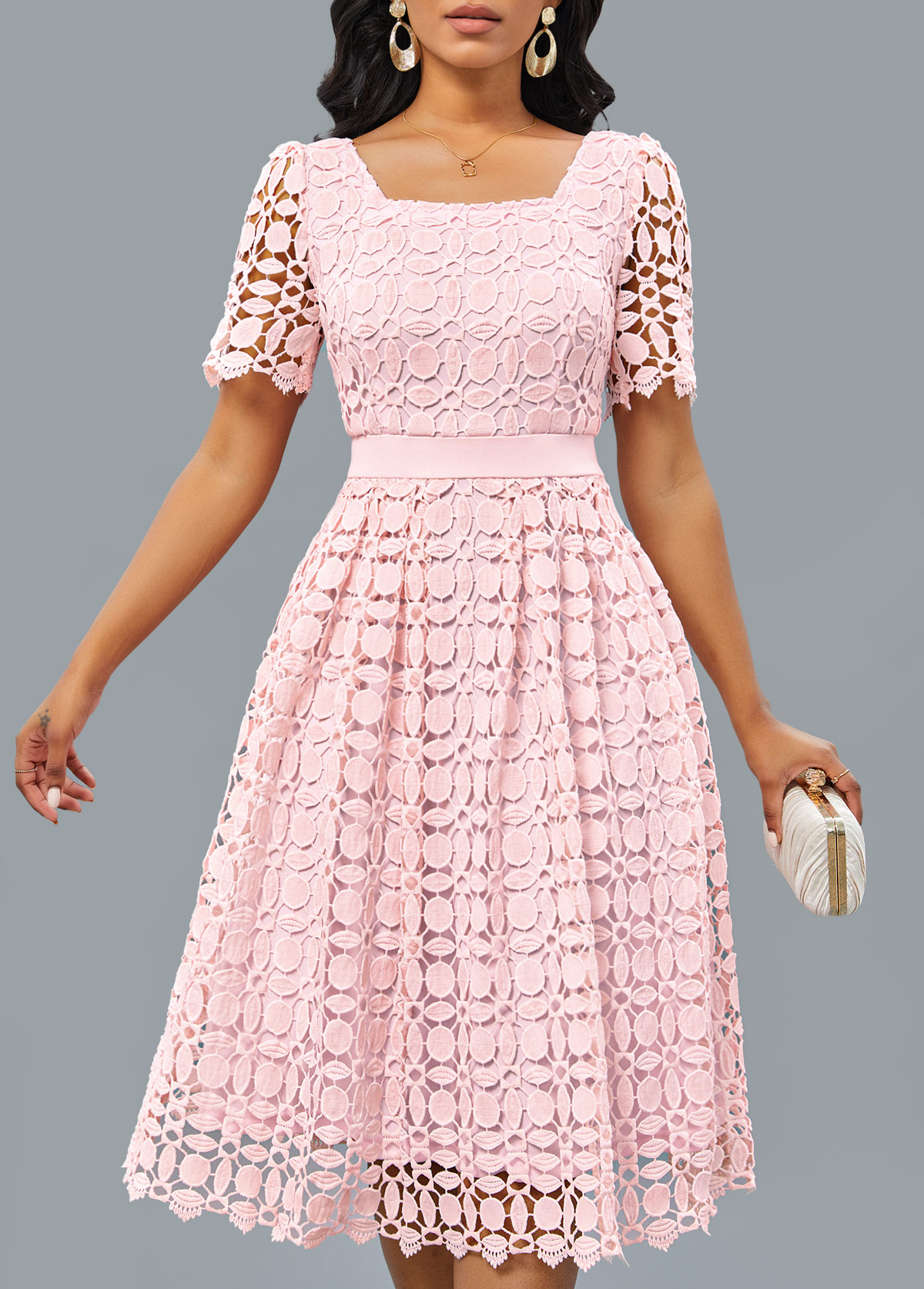 Light Pink Patchwork Short Sleeve Square Neck Dress