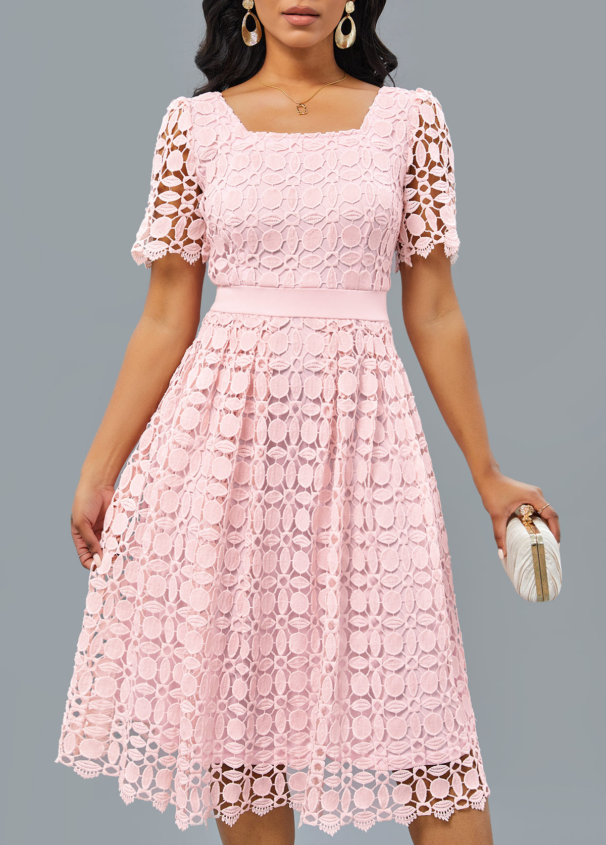 Light Pink Patchwork Short Sleeve Square Neck Dress