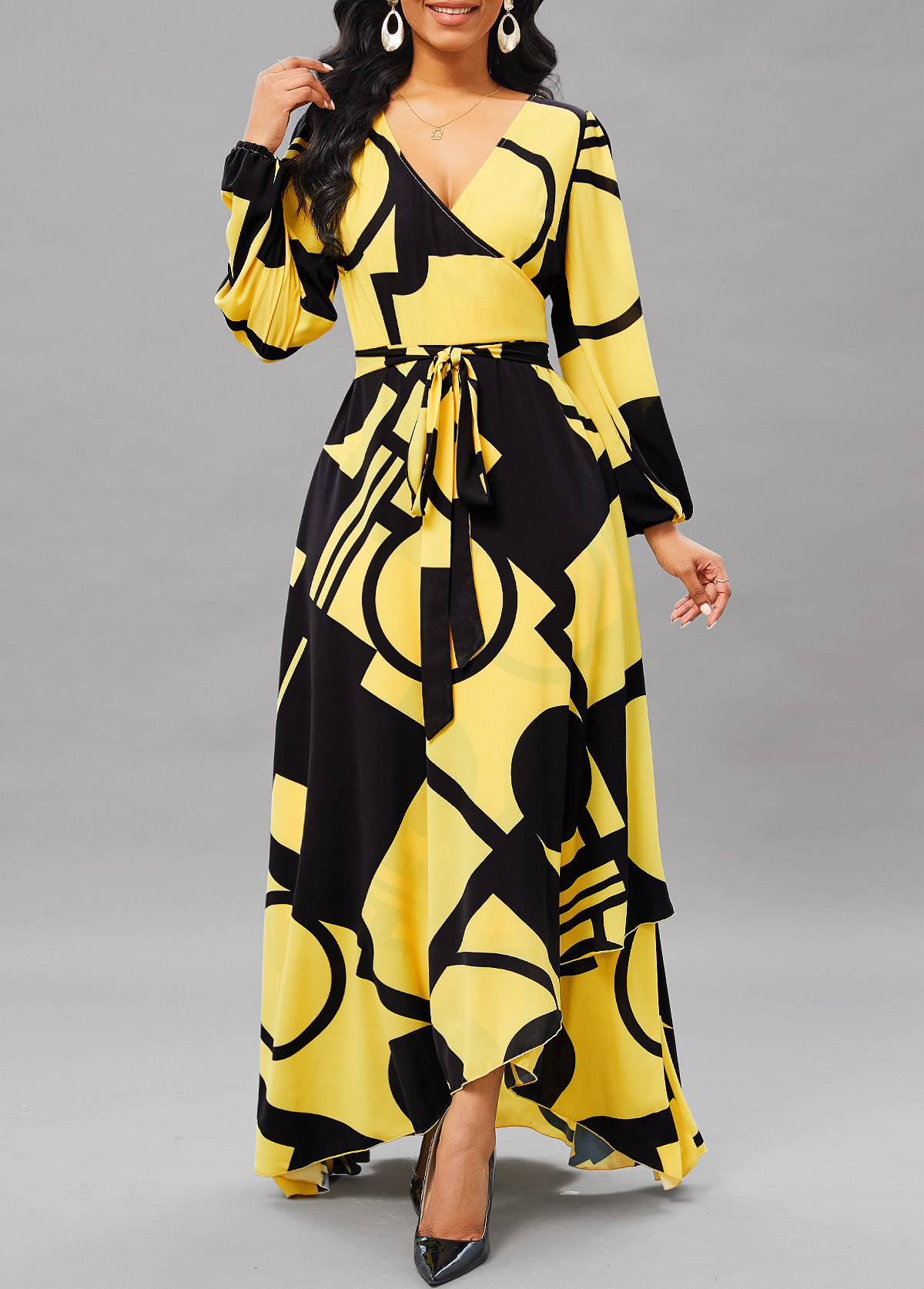 Light Yellow Cross Hem Geometric Print High Low Dress