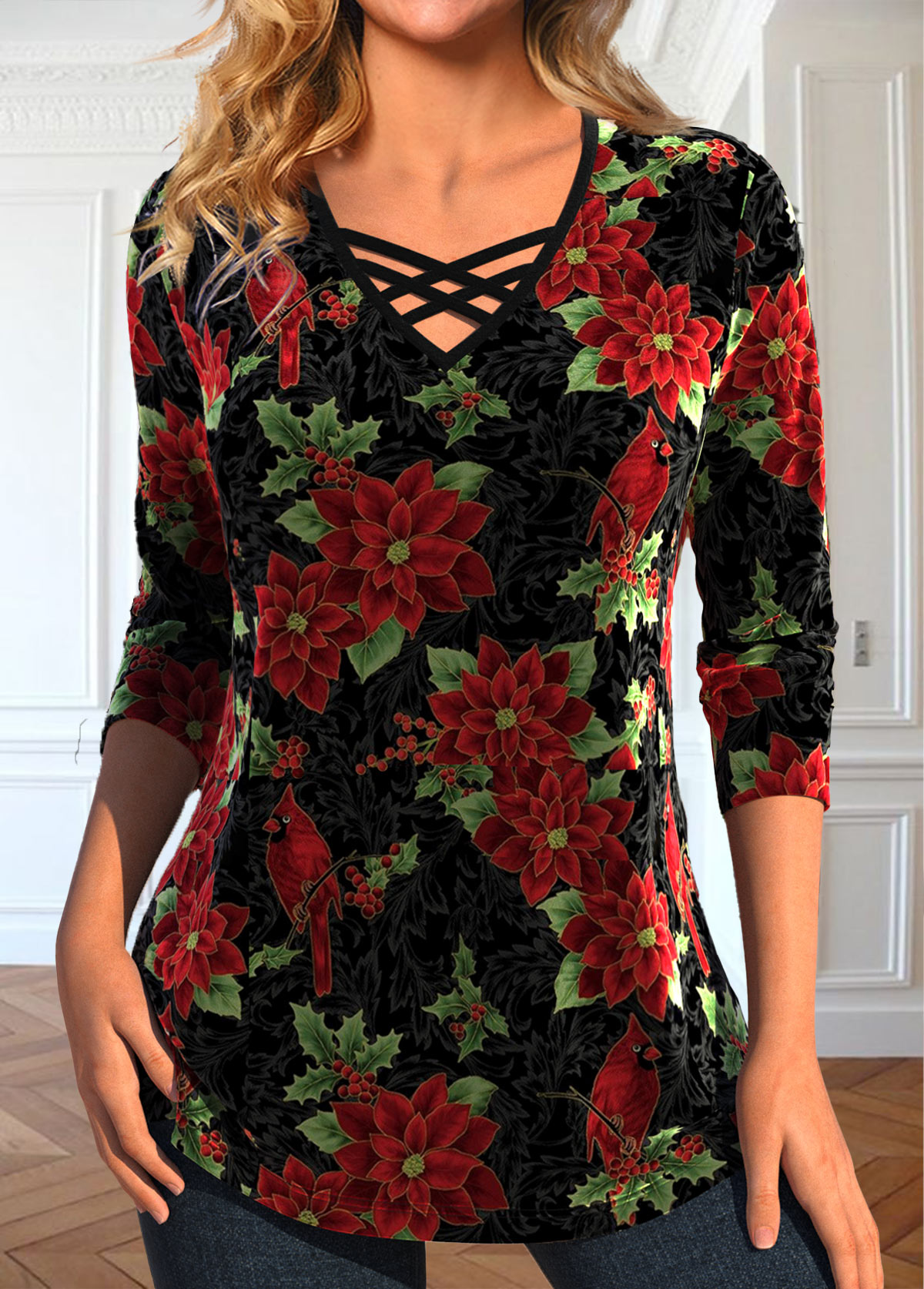 Black Velvet Plus Size Floral Print T Shirt