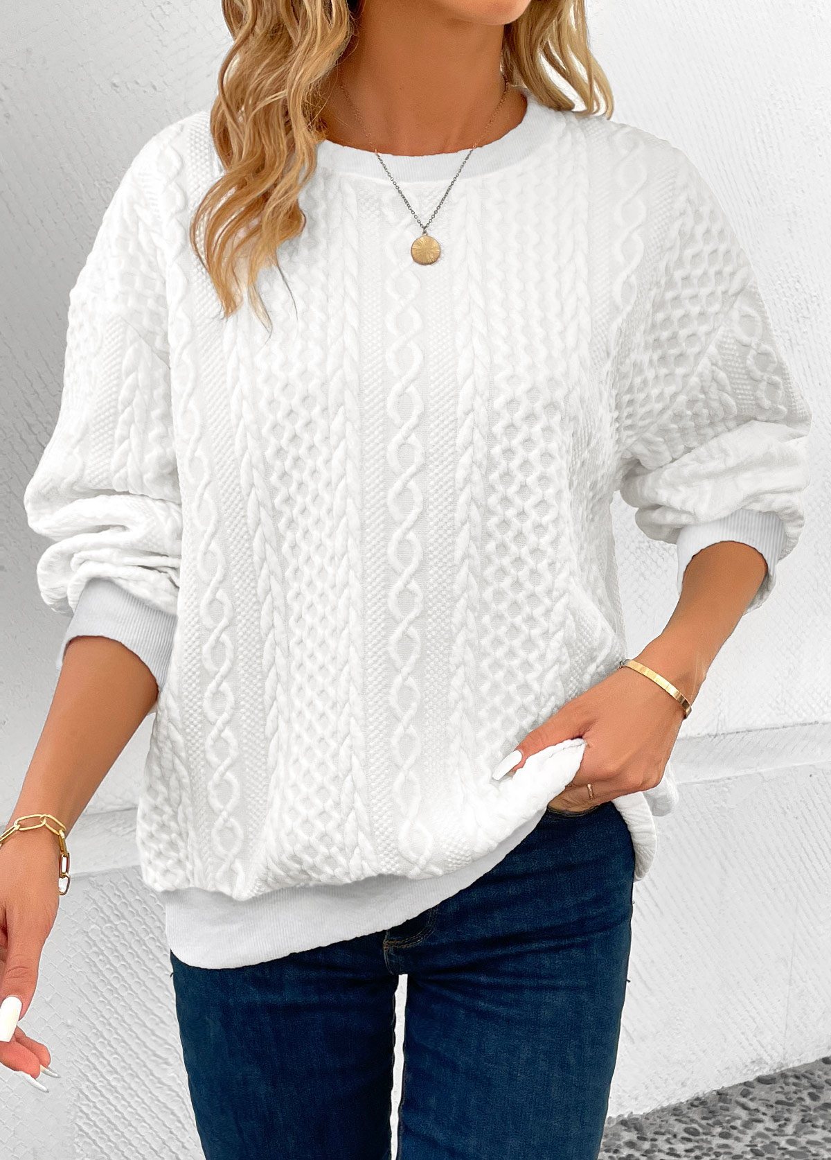 White Patchwork Long Sleeve Round Neck Sweatshirt | picture 