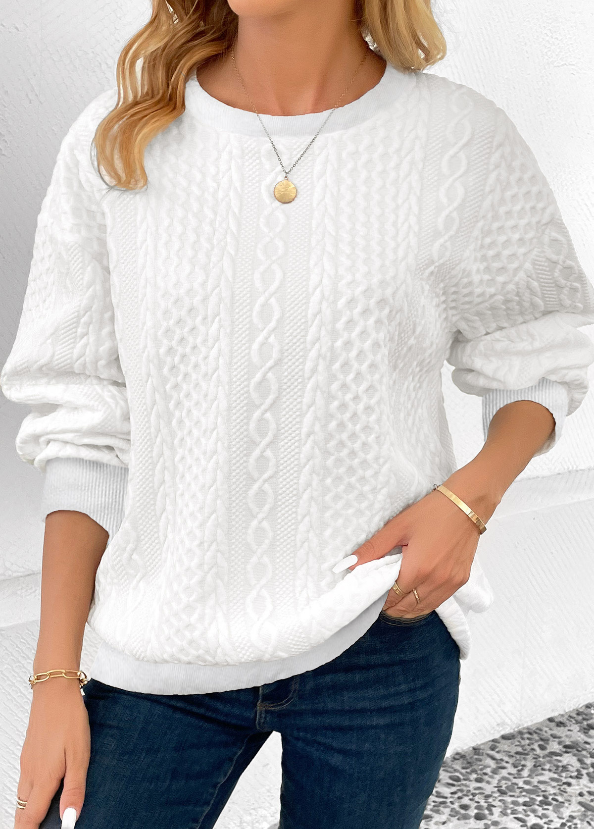 White Patchwork Long Sleeve Round Neck Sweatshirt