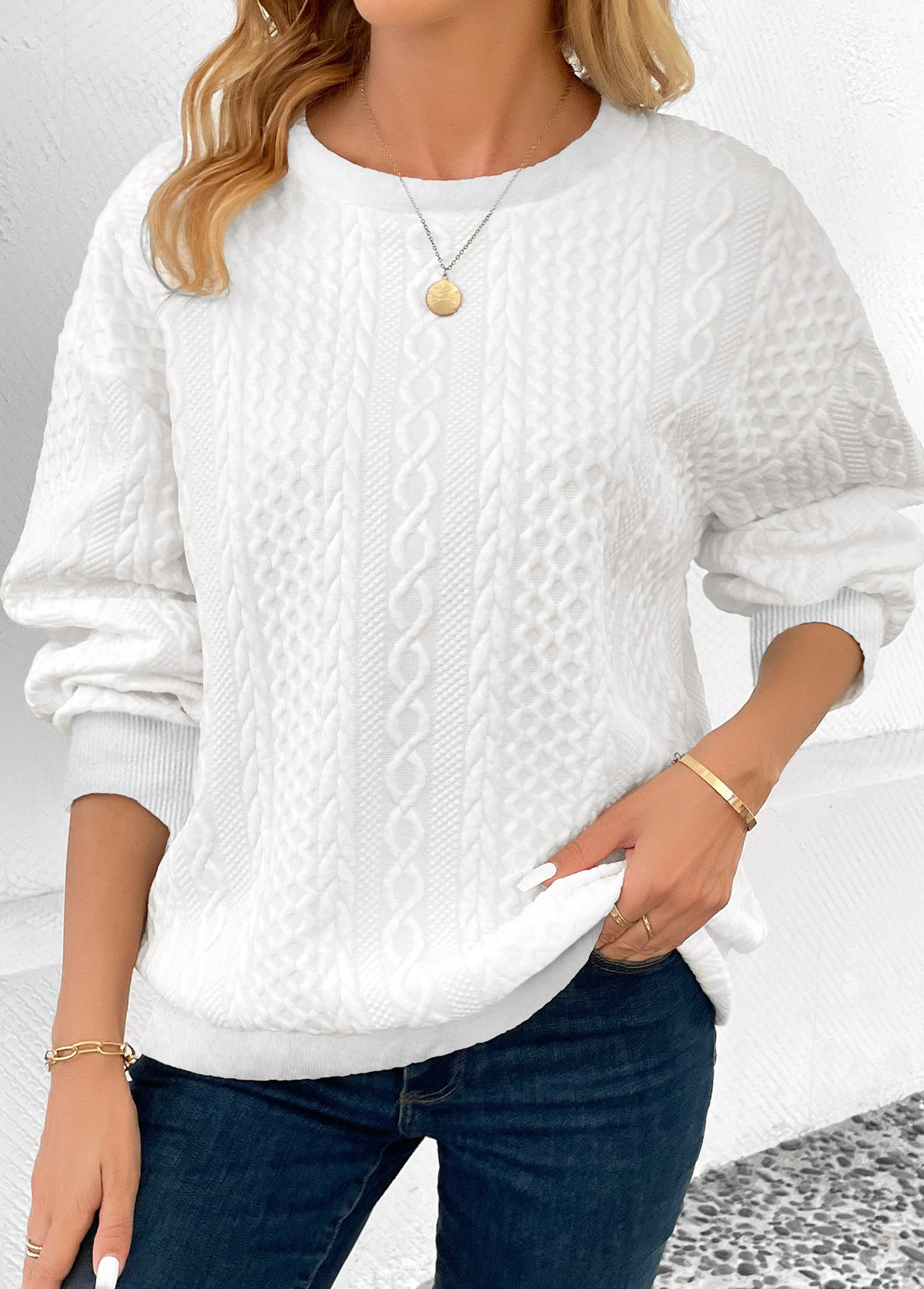 White Patchwork Long Sleeve Round Neck Sweatshirt | picture 