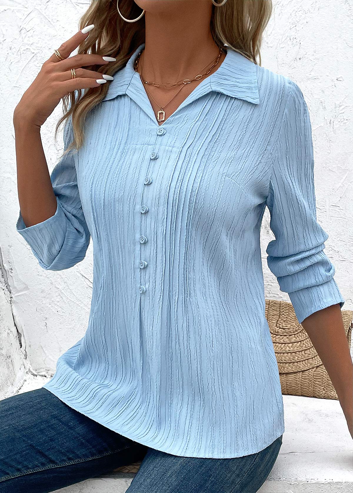 Light Blue Button 3/4 Sleeve Shirt Collar Blouse