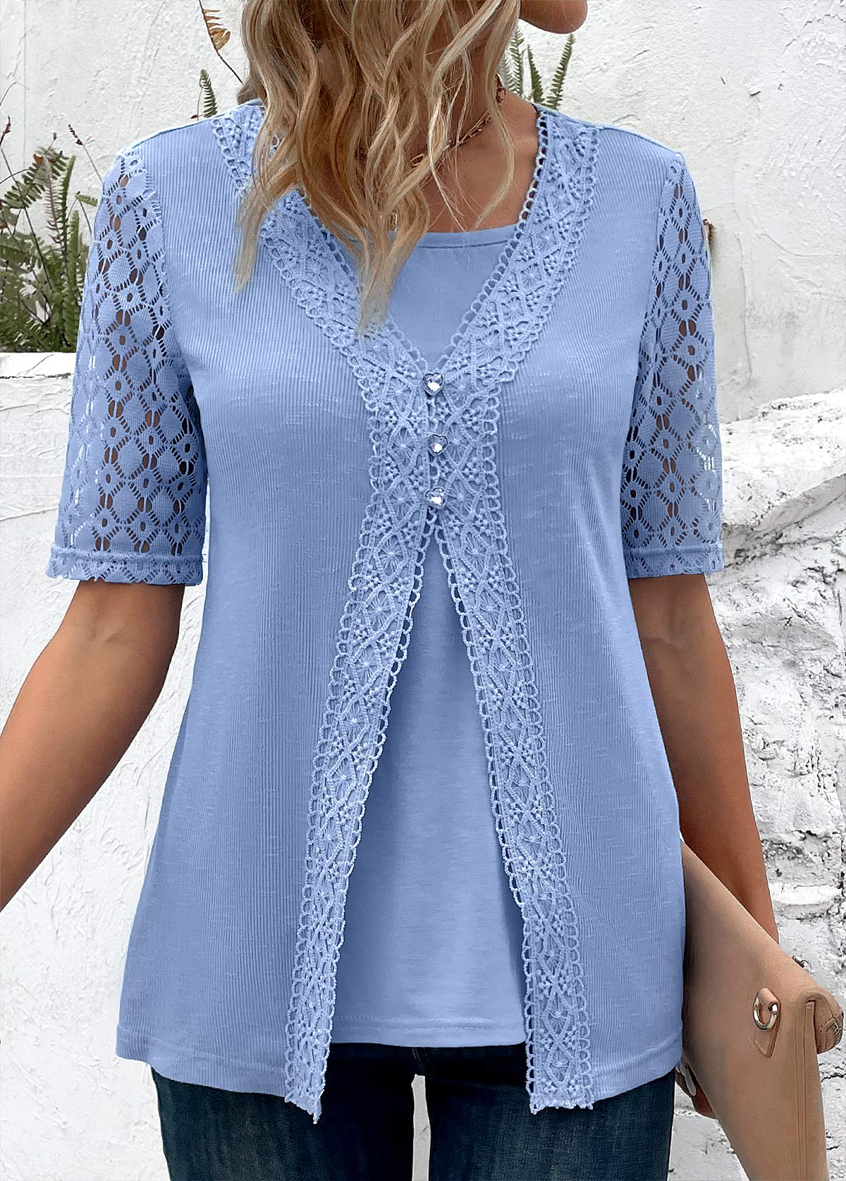 Dusty Blue Fake 2in1 Short Sleeve T Shirt | picture 