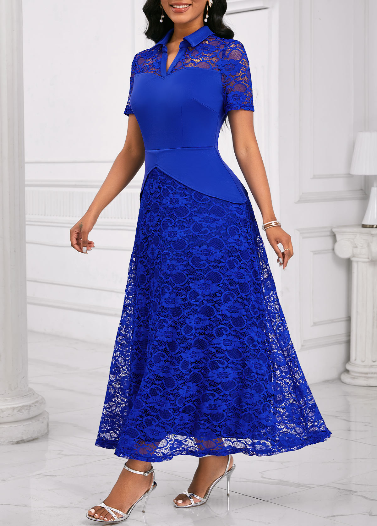 Royal Blue Lace Short Sleeve Shirt Collar Maxi Dress
