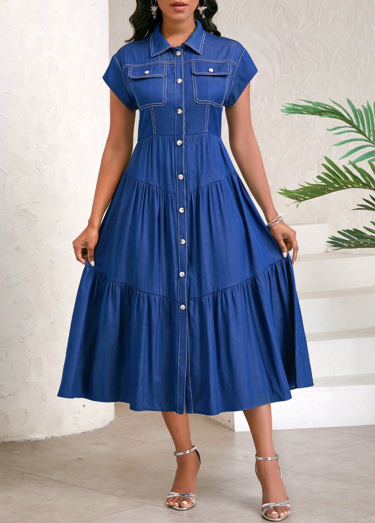 Denim Blue Ruched Short Sleeve Shirt Collar Dress