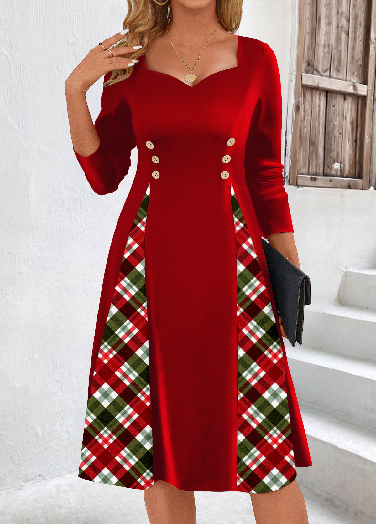 Red Patchwork Plaid Long Sleeve Heart Collar Dress