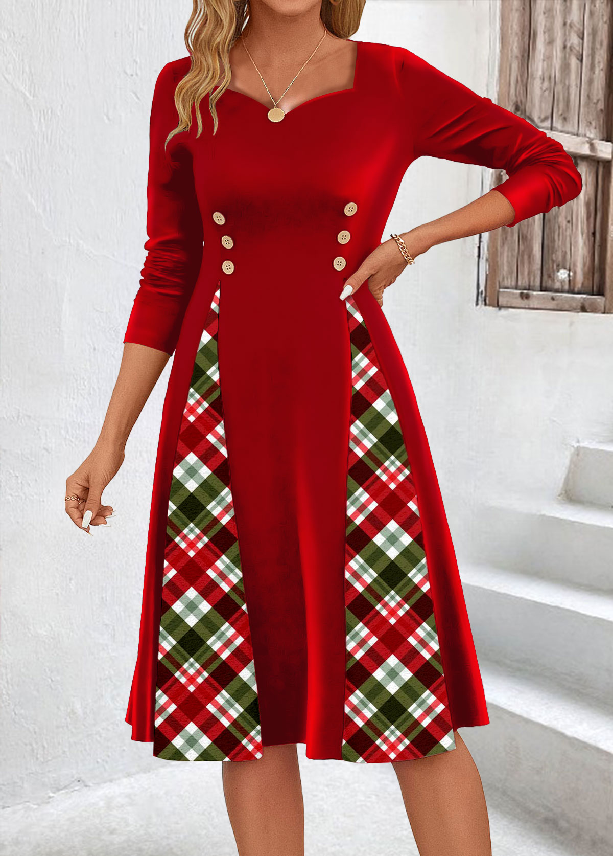Red Patchwork Plaid Long Sleeve Heart Collar Dress