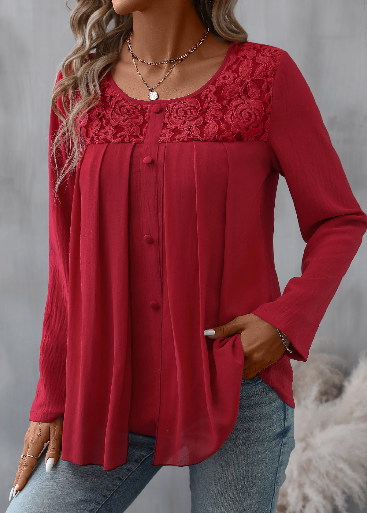 Red Patchwork Long Sleeve Round Neck Blouse