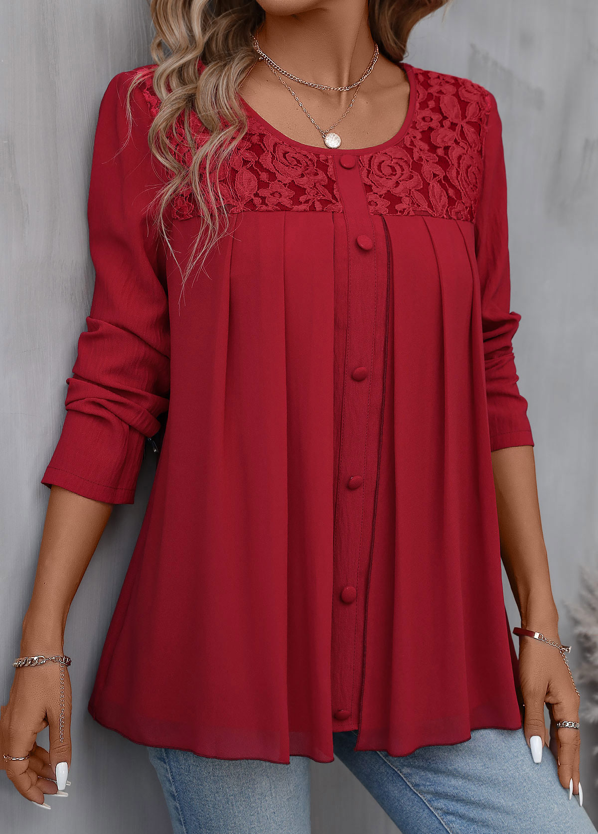 Red Patchwork Long Sleeve Round Neck Blouse