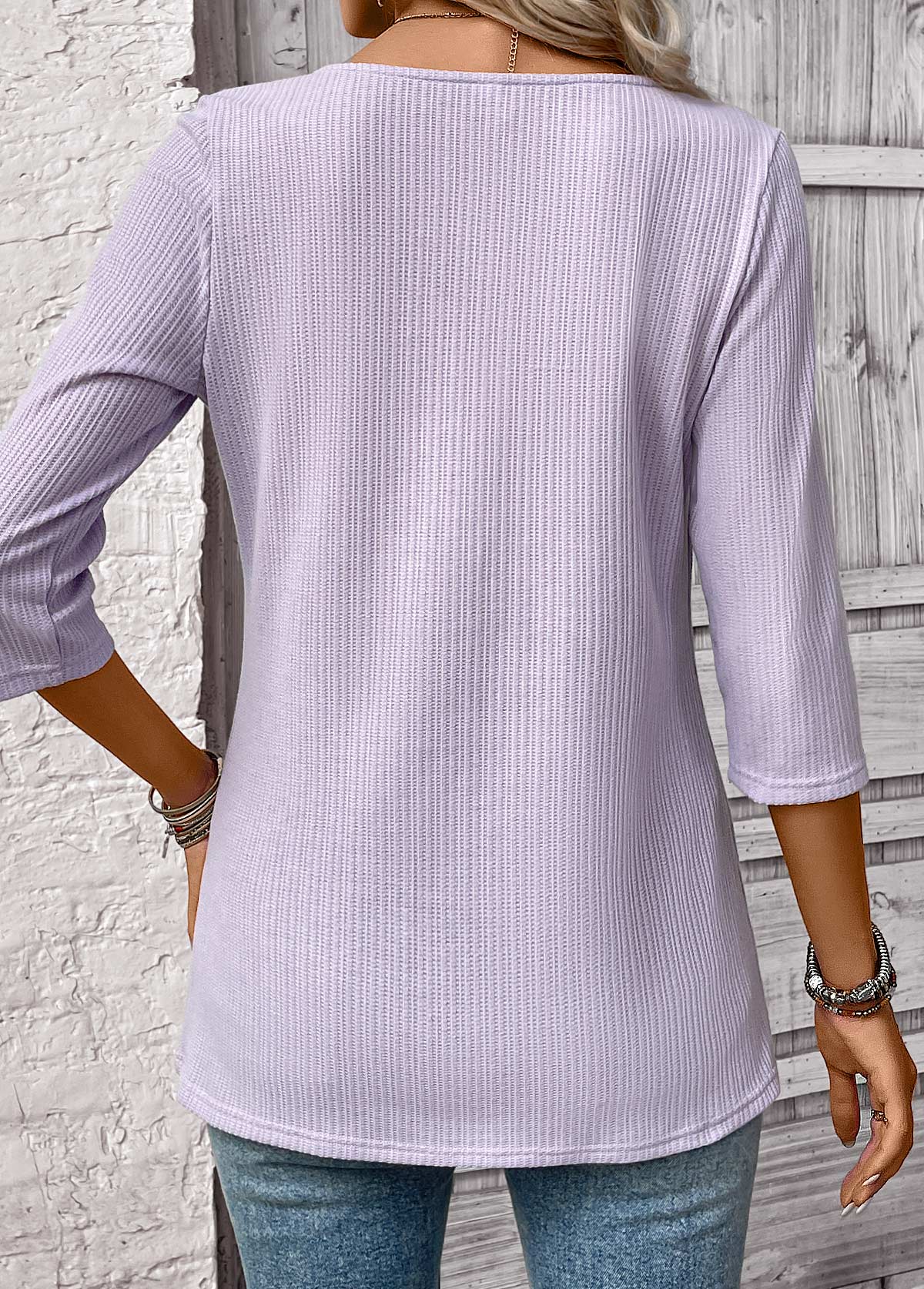 Light Purple Fake 2in1 Striped 3/4 Sleeve T Shirt