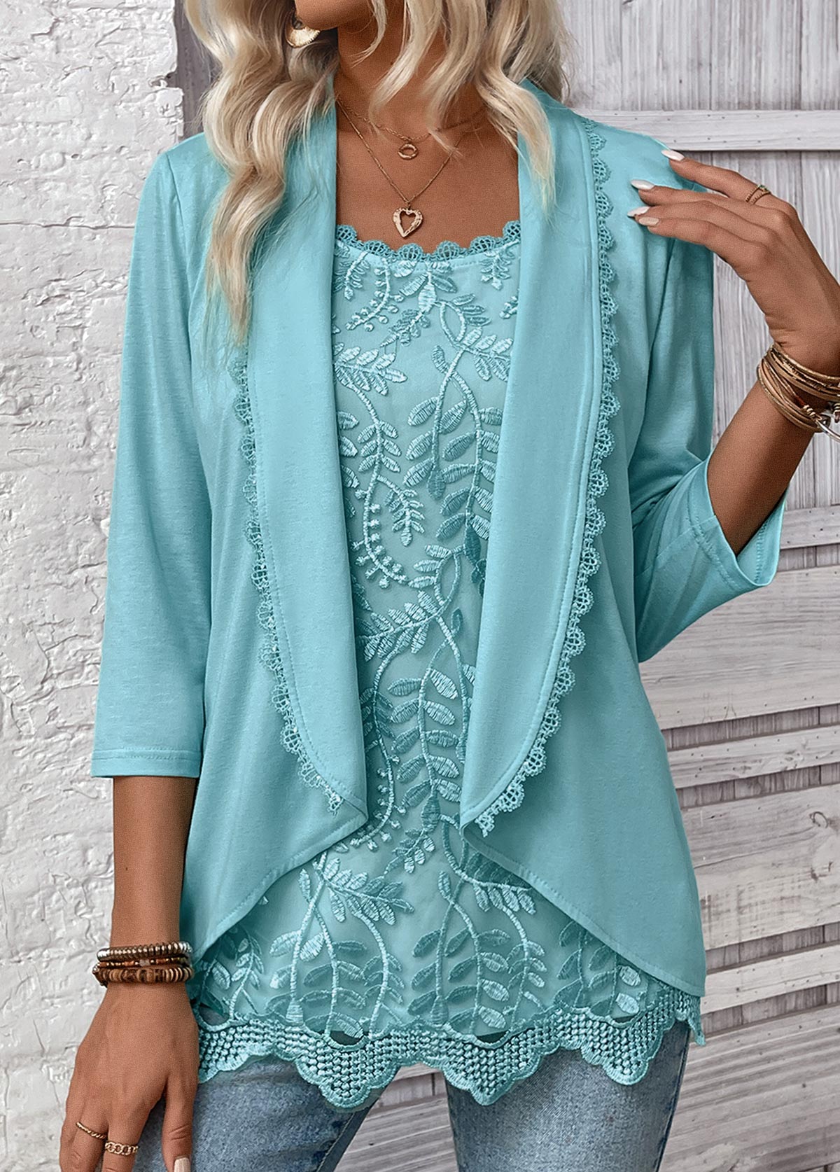 Mint Green Lace 3/4 Sleeve Square Neck T Shirt