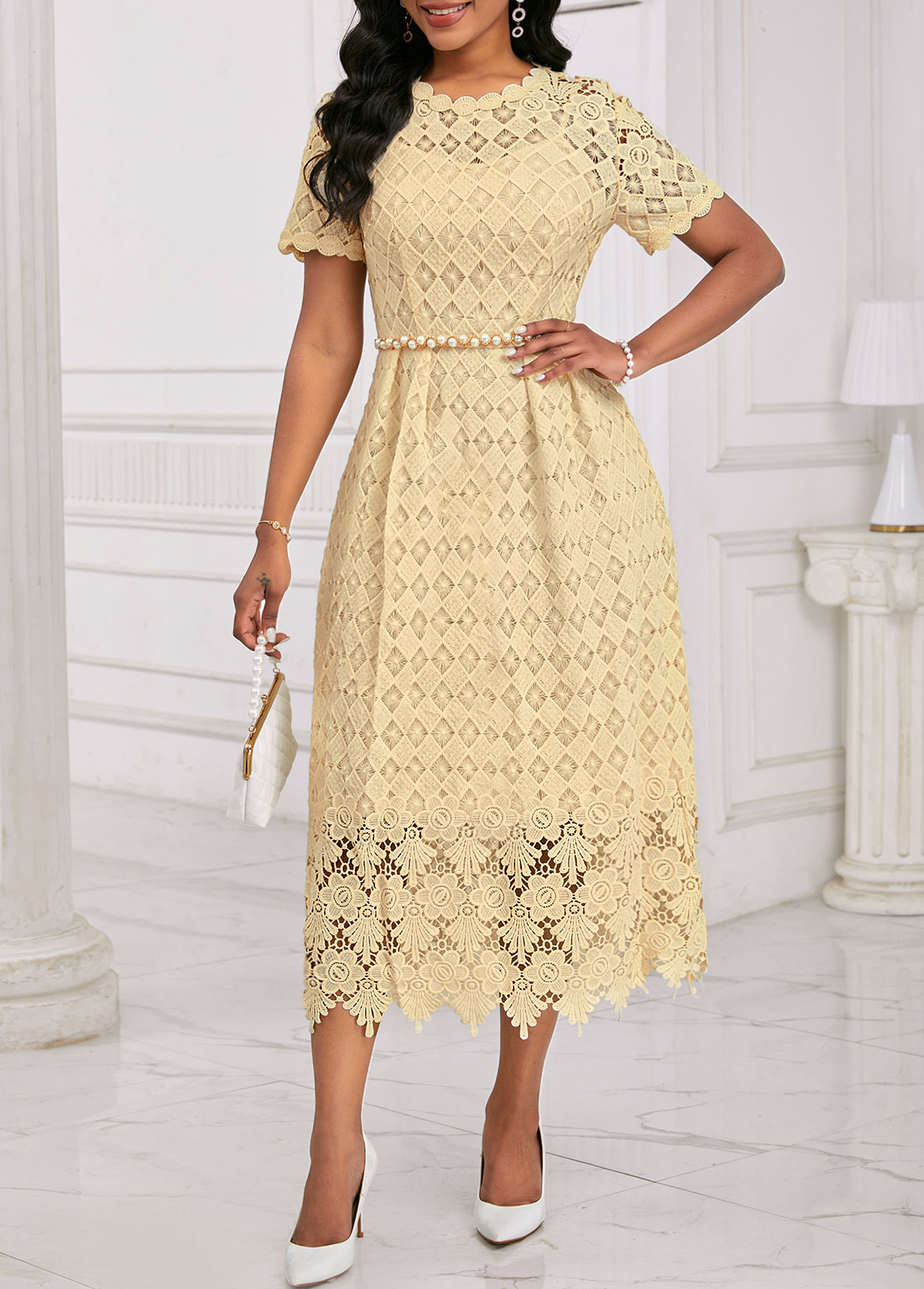 Light Yellow Embroidery Short Sleeve Round Neck Dress