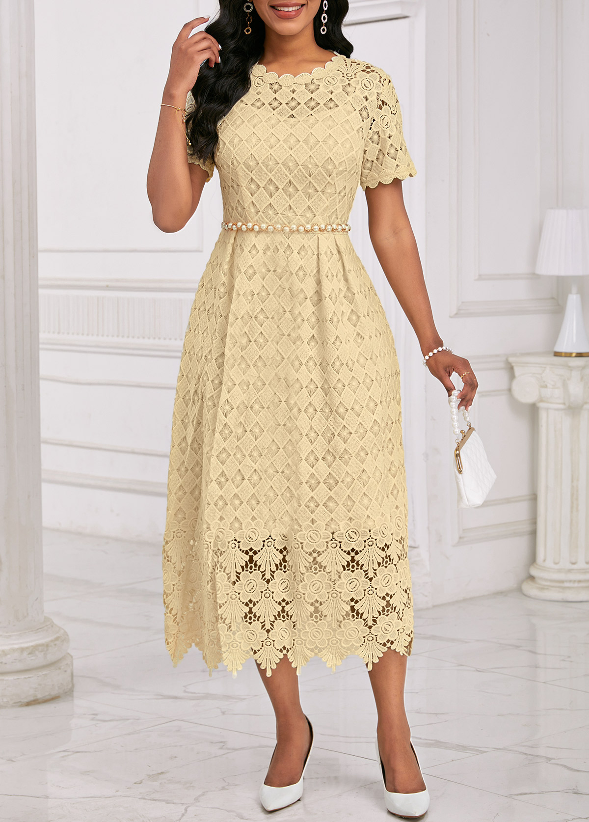 Light Yellow Embroidery Short Sleeve Round Neck Dress