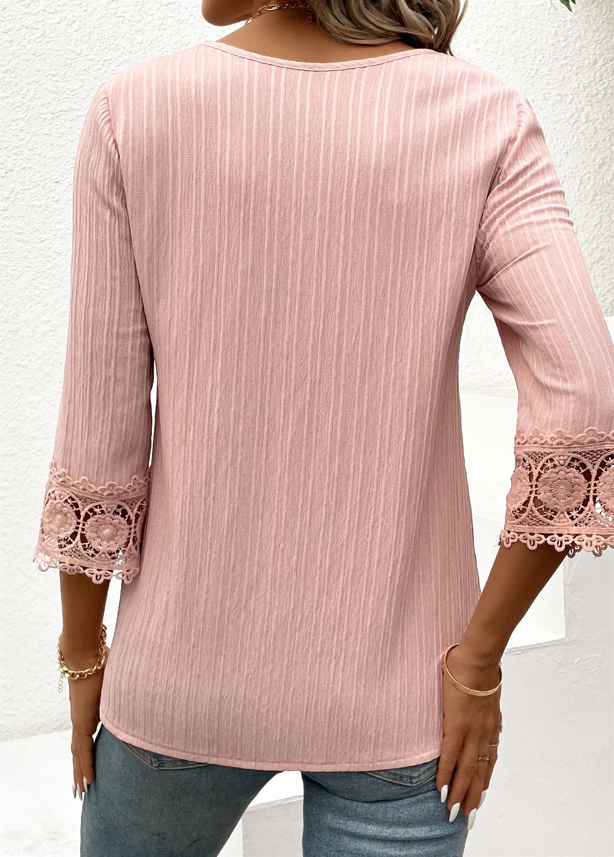 Light Pink Lace Three Quarter Length Sleeve Blouse
