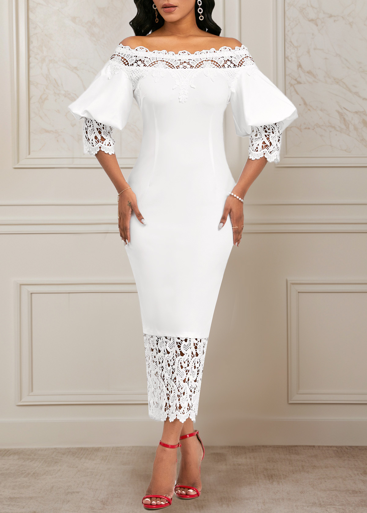 Raw White Lace 3/4 Sleeve Off Shoulder Bodycon Dress