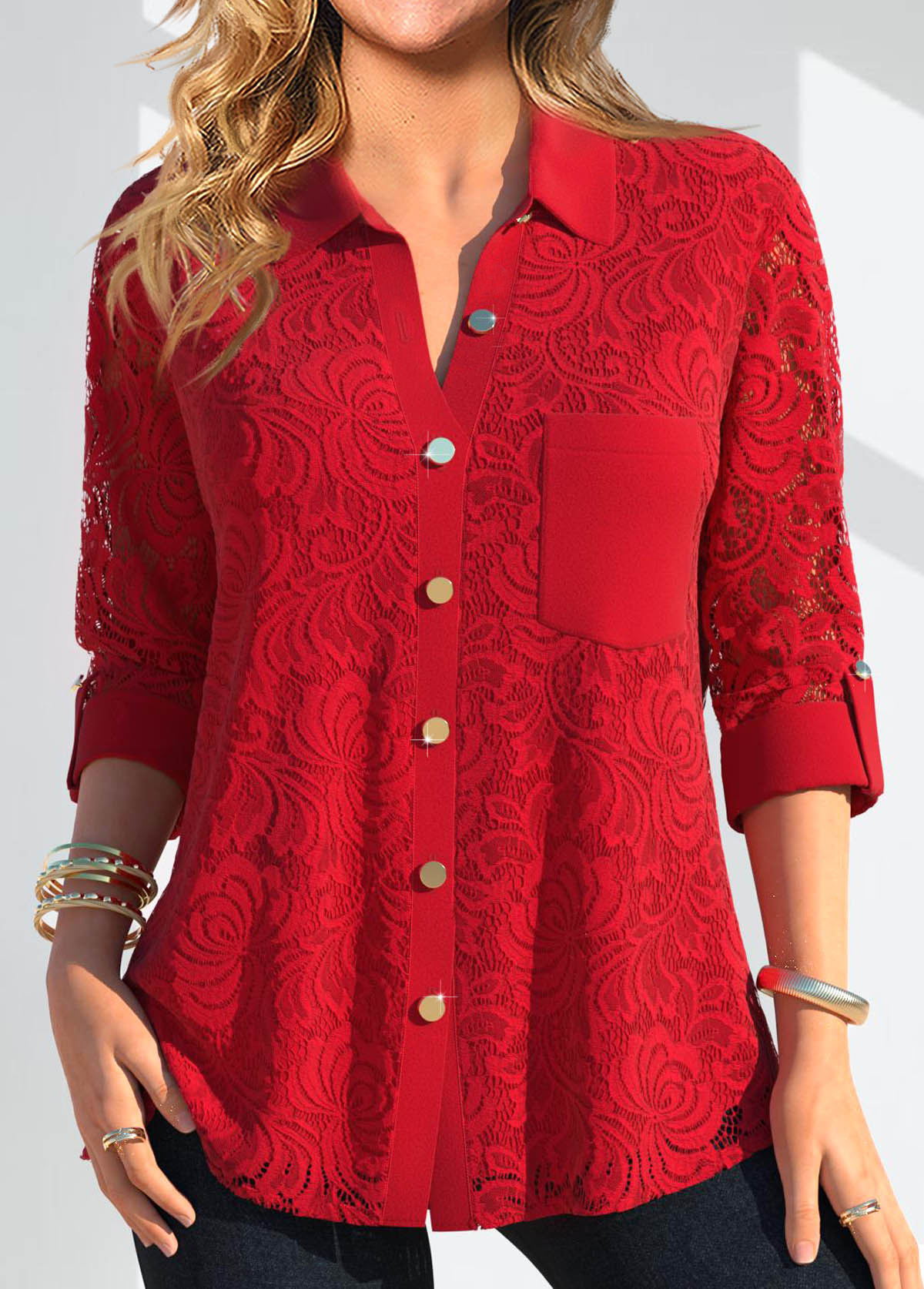 Red Lace Long Sleeve Shirt Collar Blouse