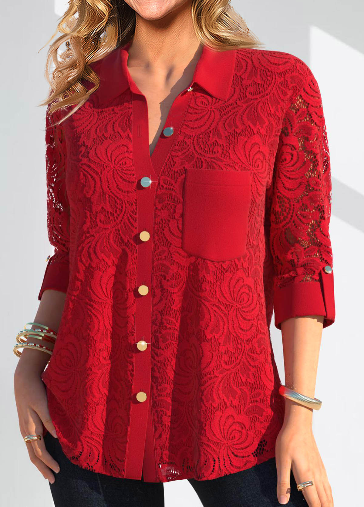 Red Lace Long Sleeve Shirt Collar Blouse