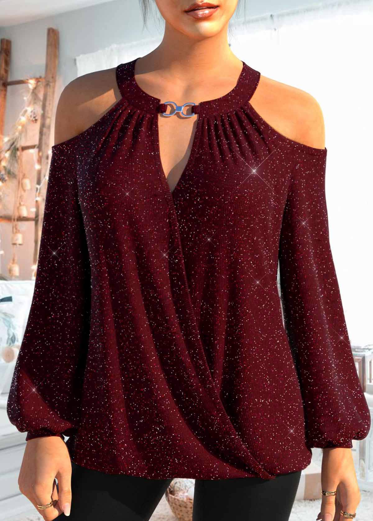 Wine Red Cut Out Long Sleeve T Shirt