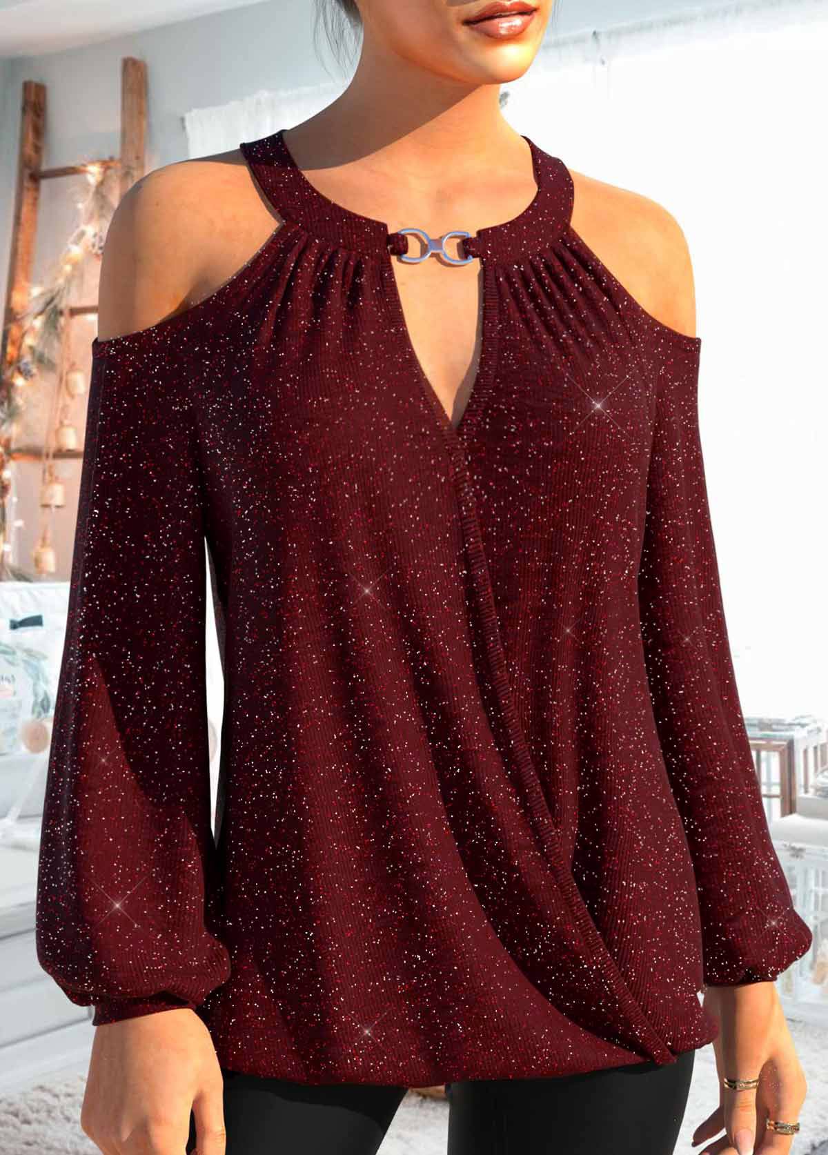 Wine Red Cut Out Long Sleeve T Shirt