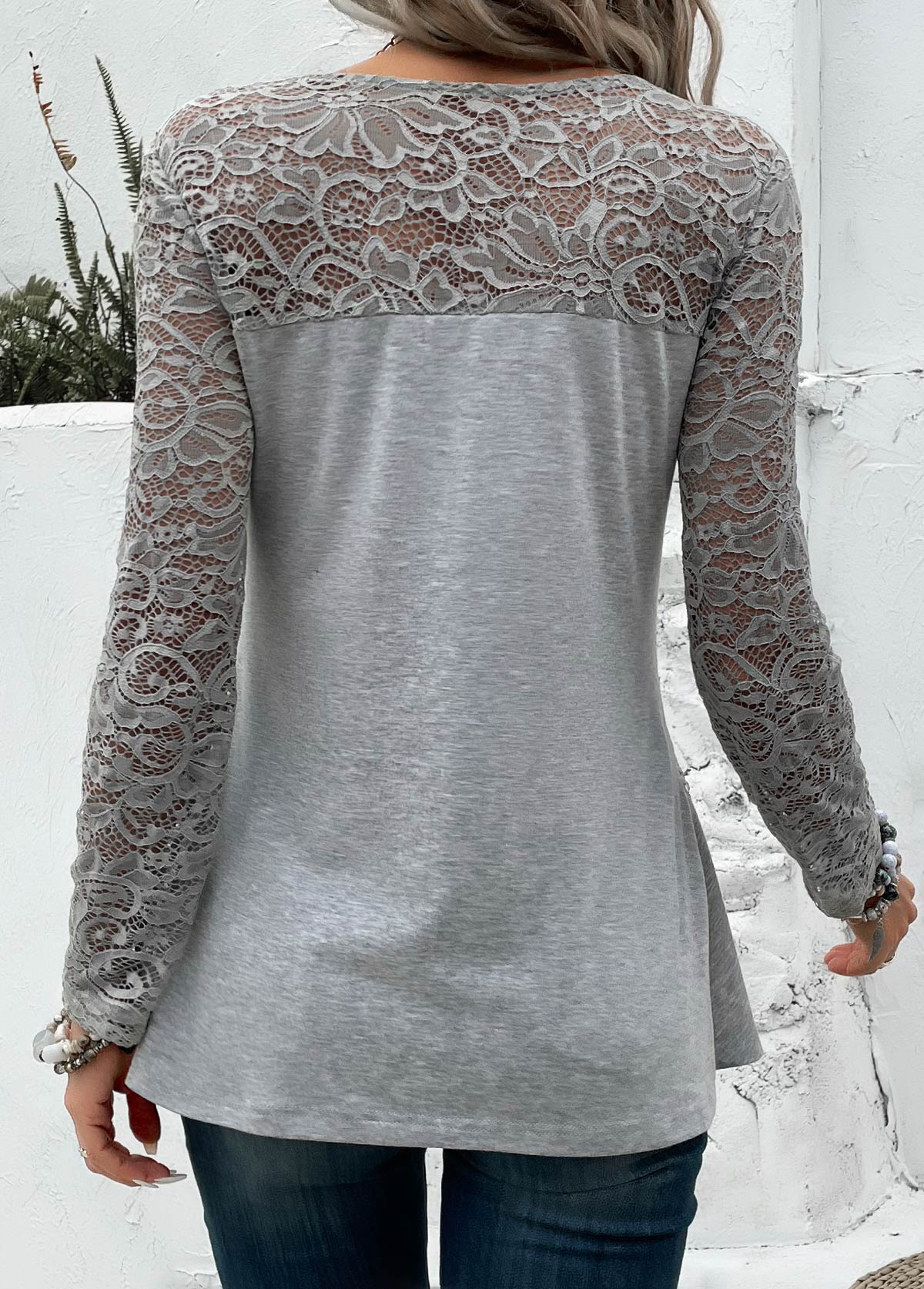 Grey Patchwork Long Sleeve V Neck T Shirt