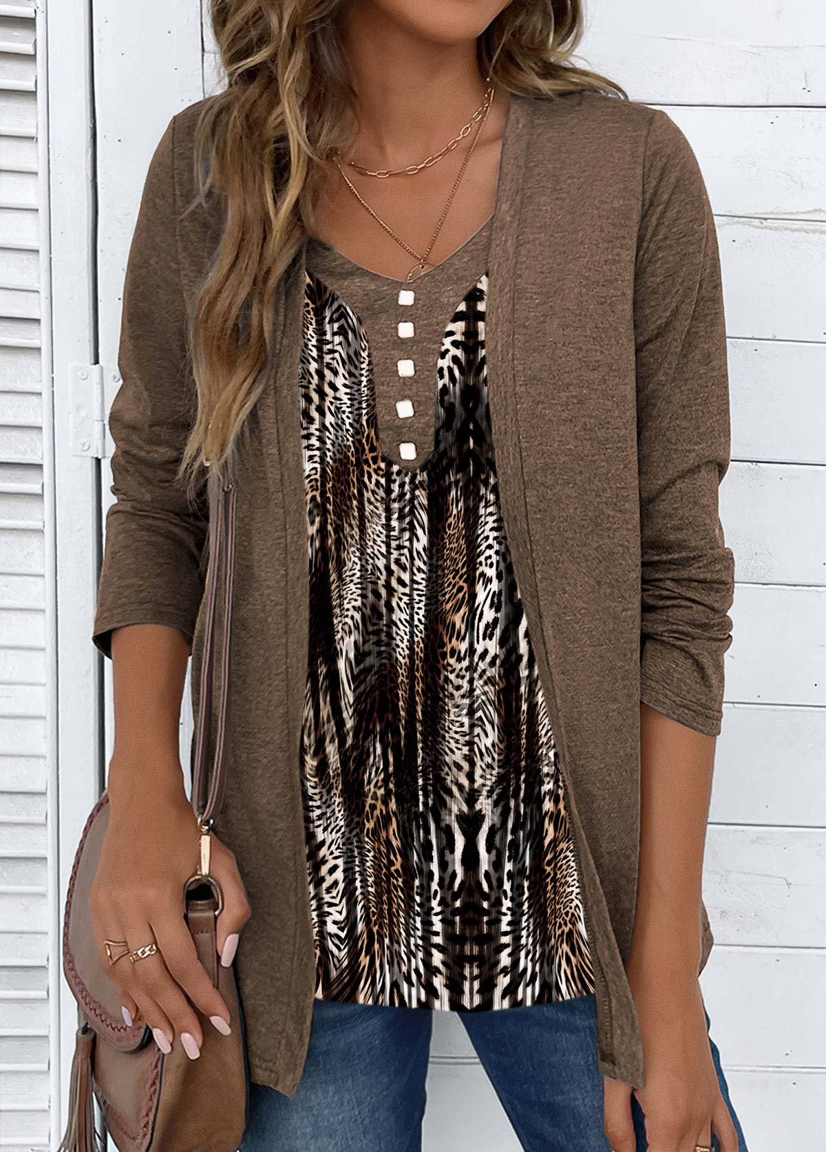 Dark Coffee Fake 2in1 Leopard Long Sleeve T Shirt | picture 