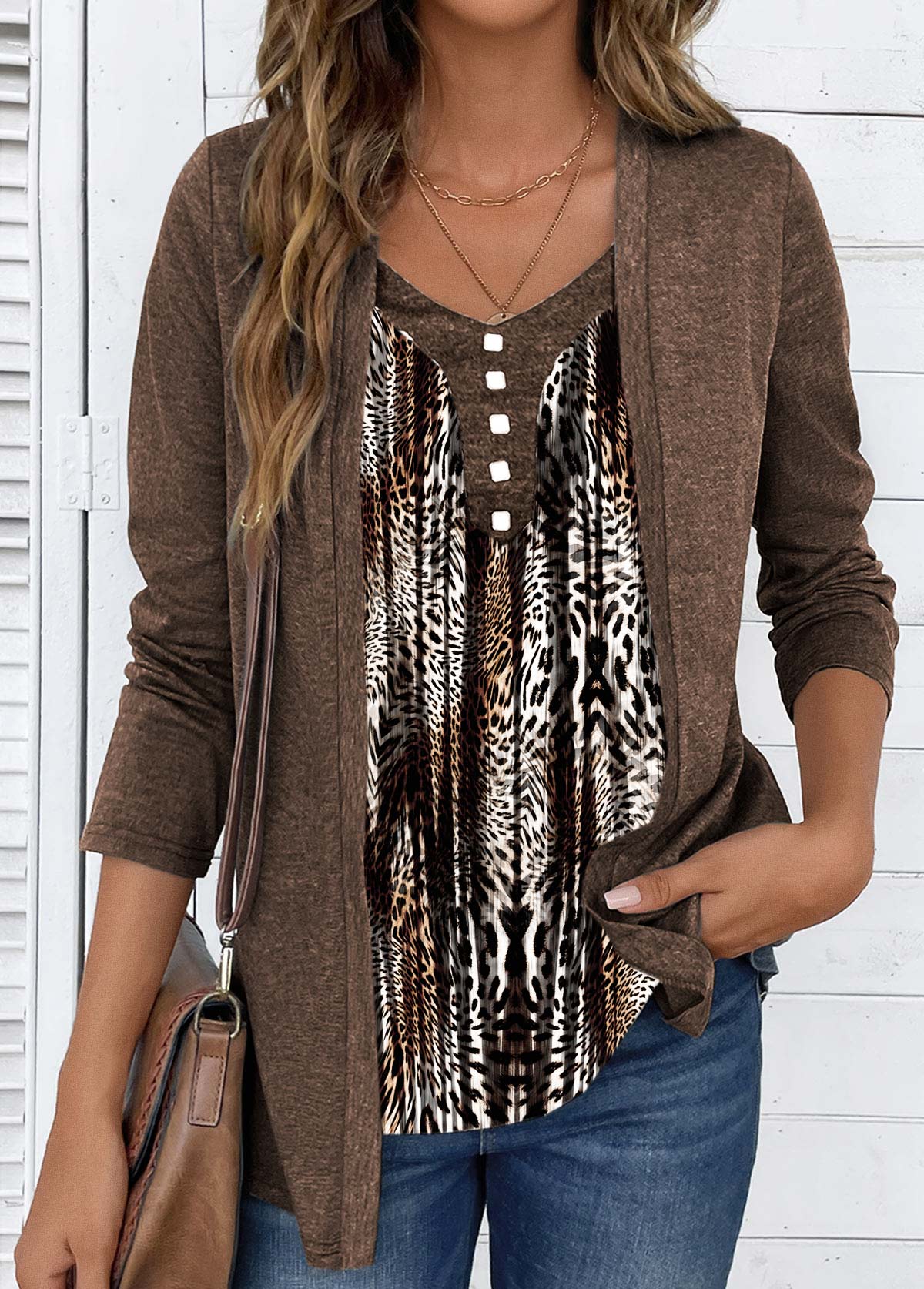 Dark Coffee Fake 2in1 Leopard Long Sleeve T Shirt | picture 