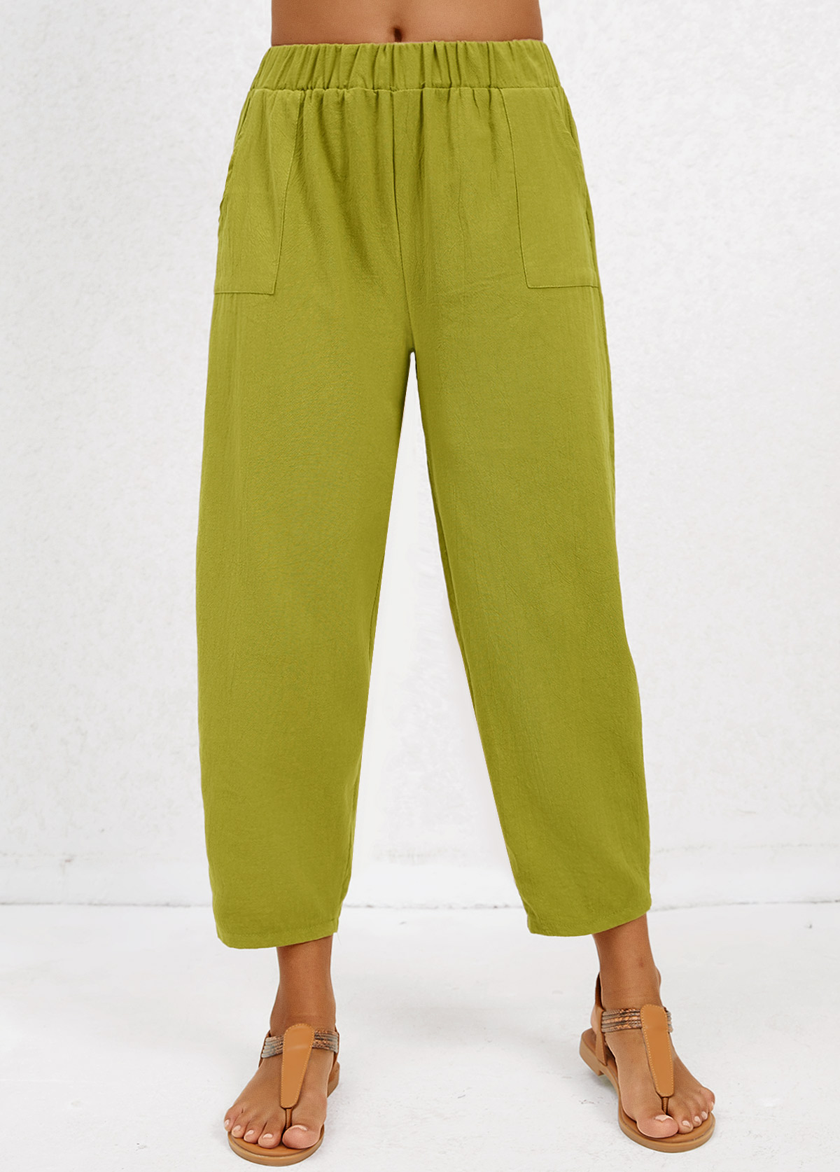Olive Green Pocket Regular Elastic Waist Mid Waisted Pants