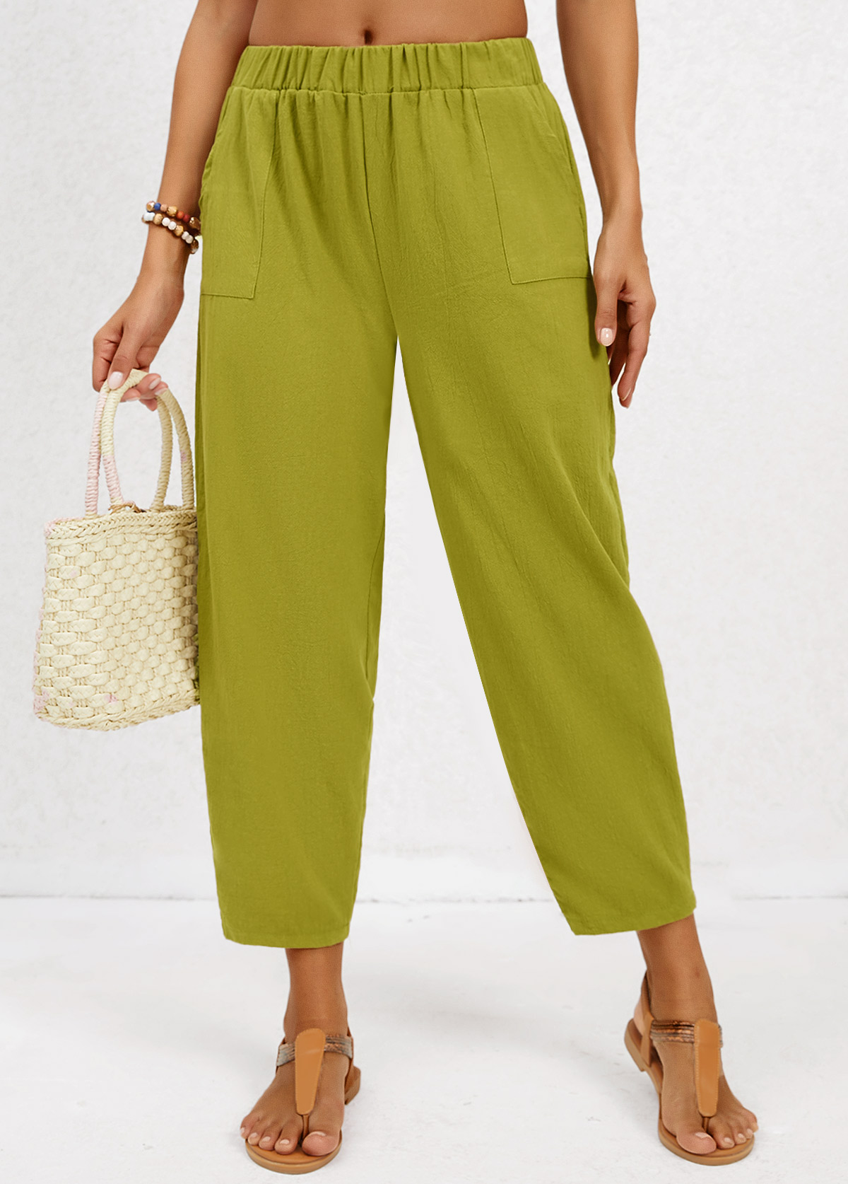 Olive Green Pocket Regular Elastic Waist Mid Waisted Pants
