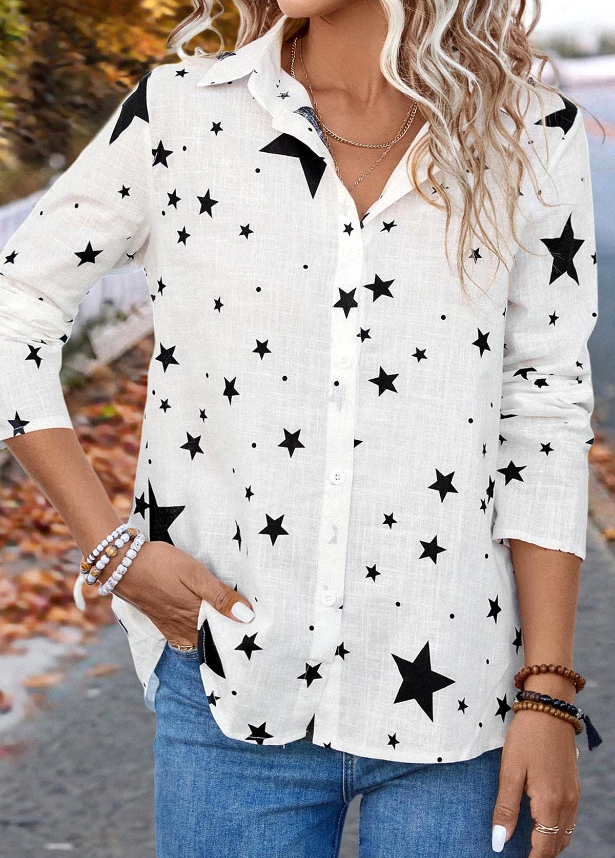 White Button Star Print Long Sleeve Shirt Collar Blouse