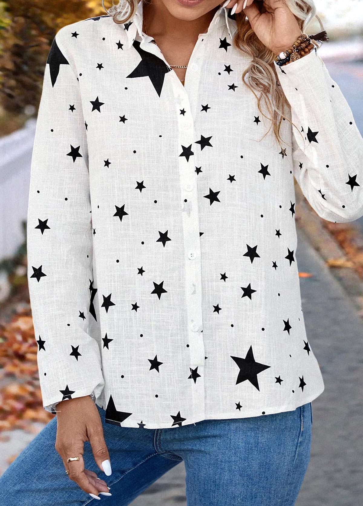 White Button Star Print Long Sleeve Shirt Collar Blouse