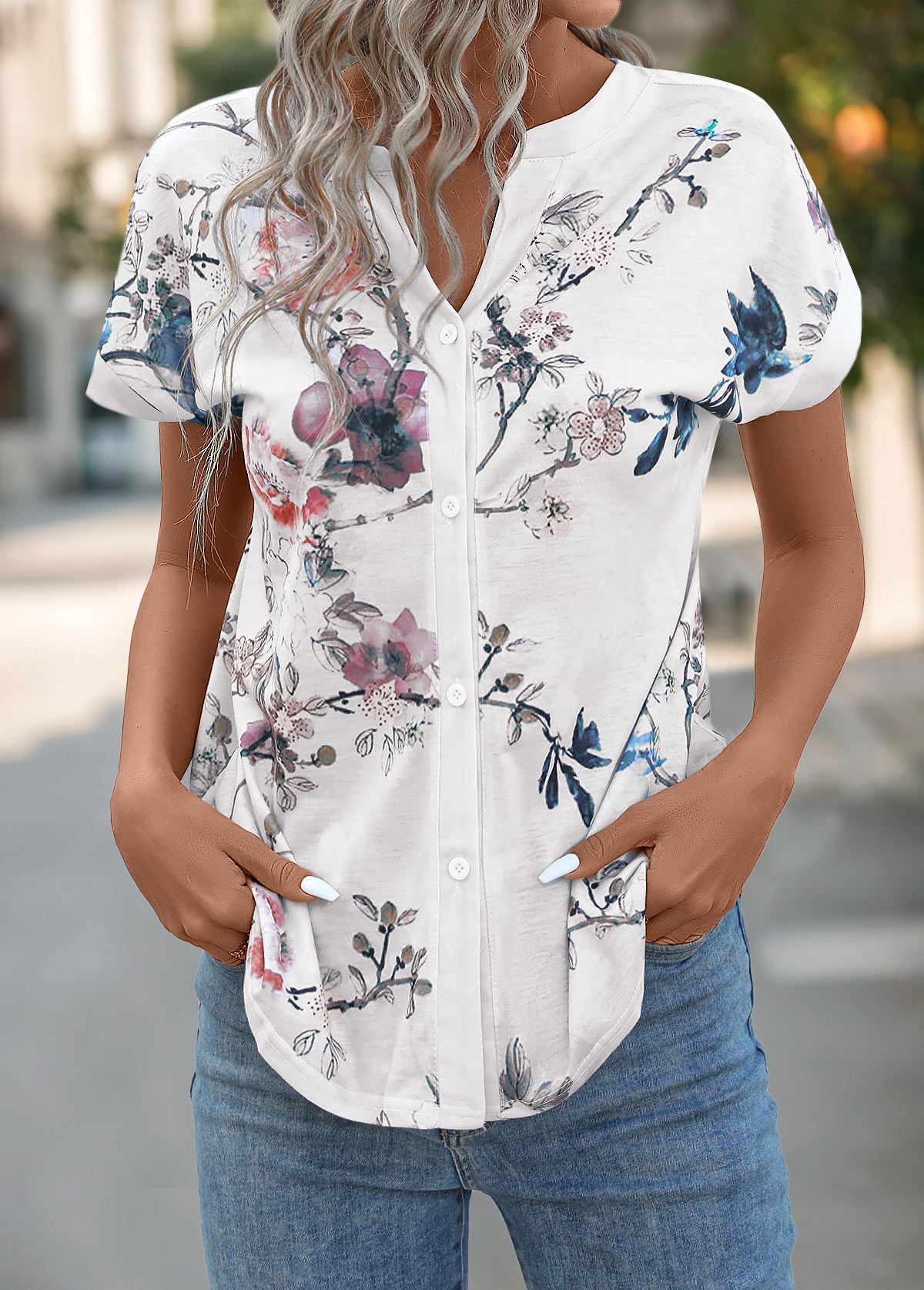 White Button Floral Print Short Sleeve T Shirt