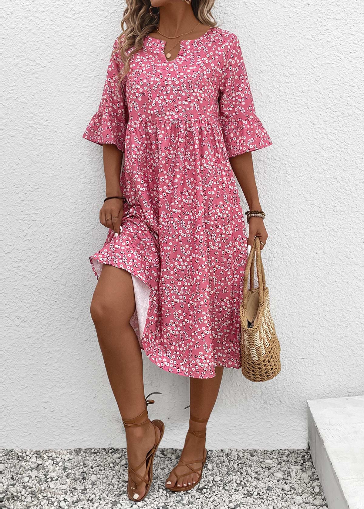 Pink Ruched Ditsy Floral Print 3/4 Sleeve Dress