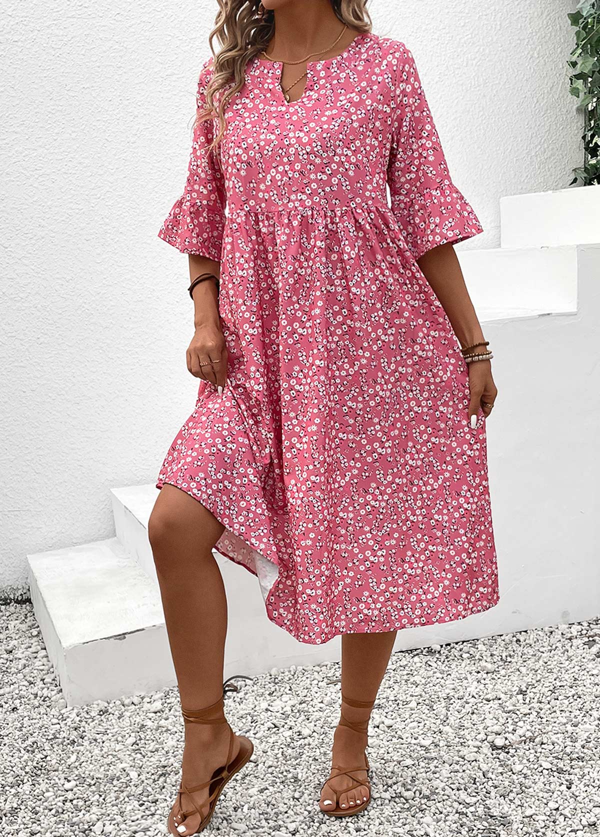 Pink Ruched Ditsy Floral Print 3/4 Sleeve Dress