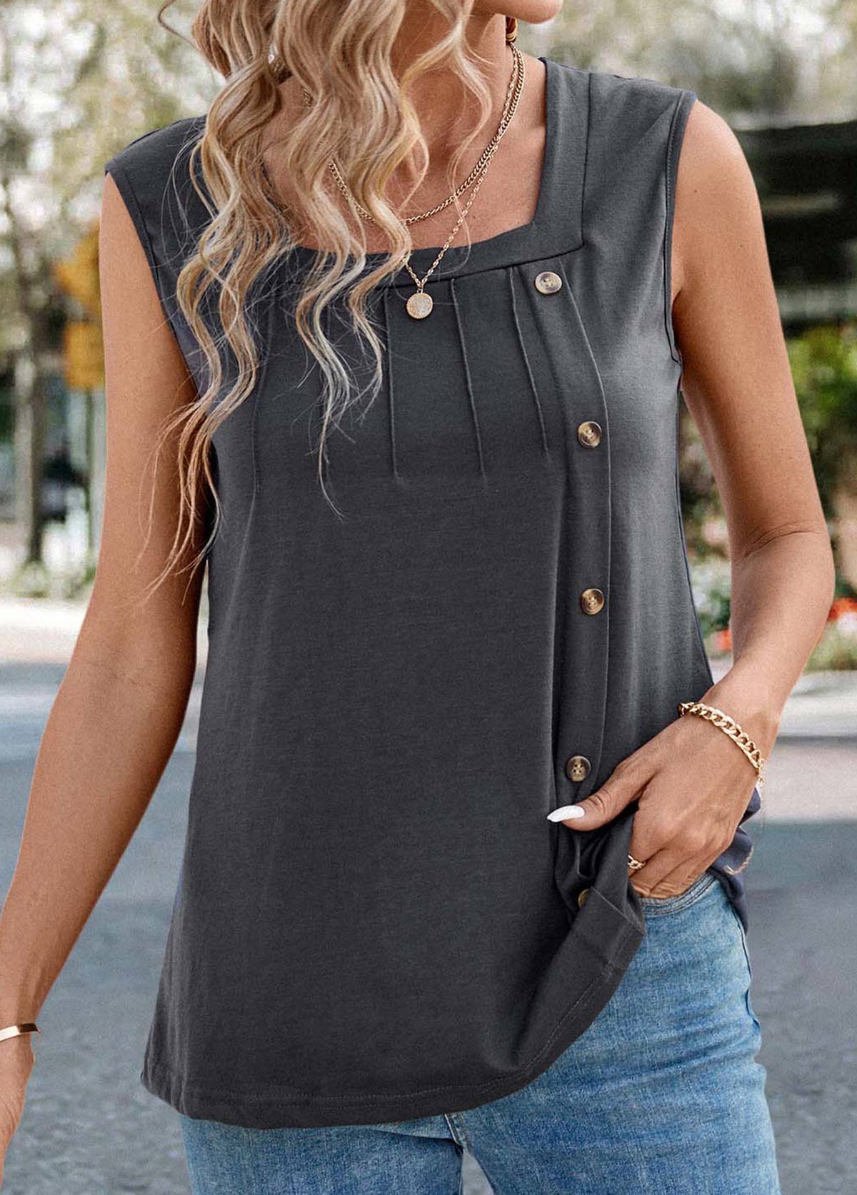 Dark Grey Button Sleeveless Square Neck Tank Top | picture 