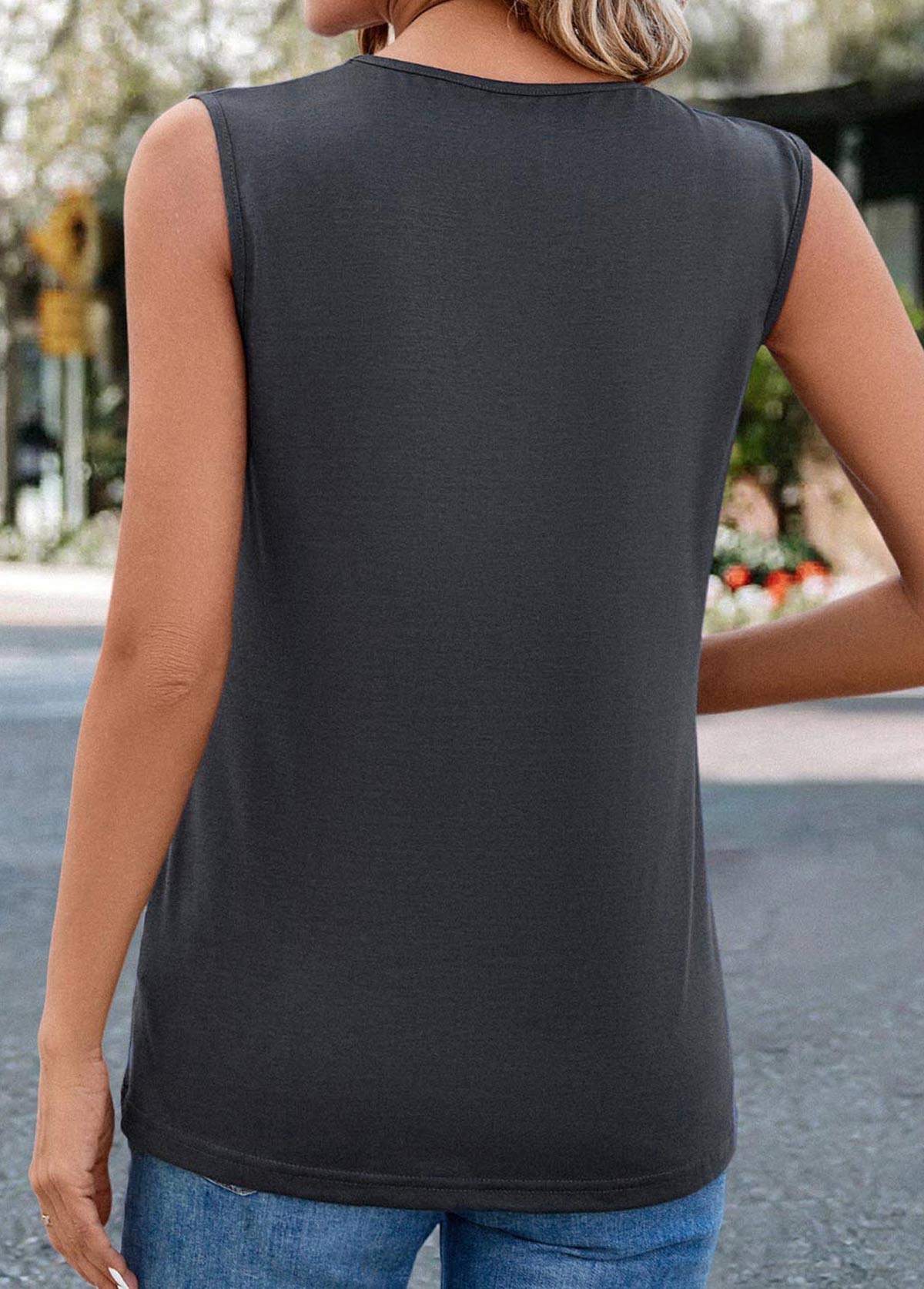 Dark Grey Button Sleeveless Square Neck Tank Top | picture 