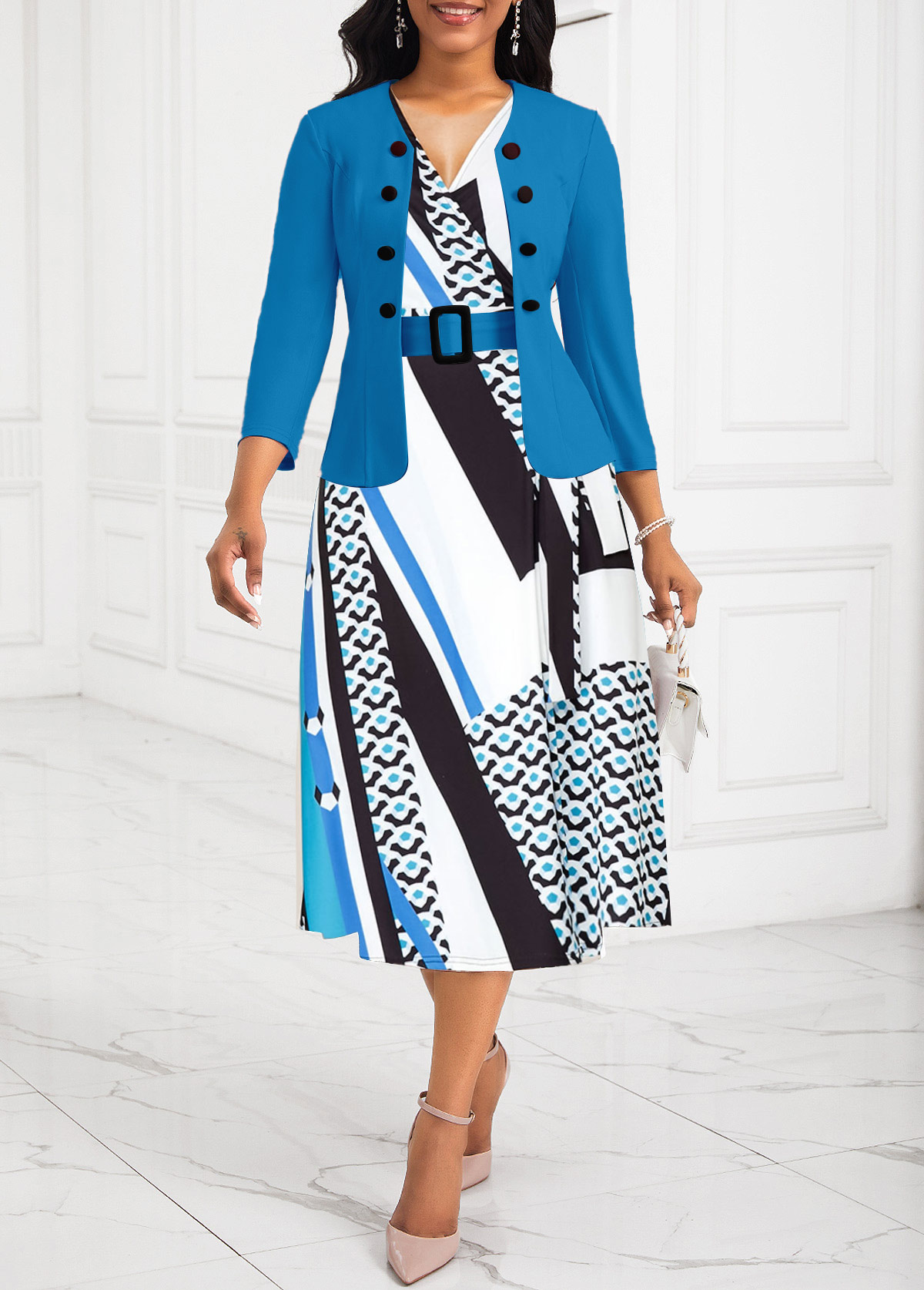 Blue Two Piece Geometric Print V Neck Dress | picture 