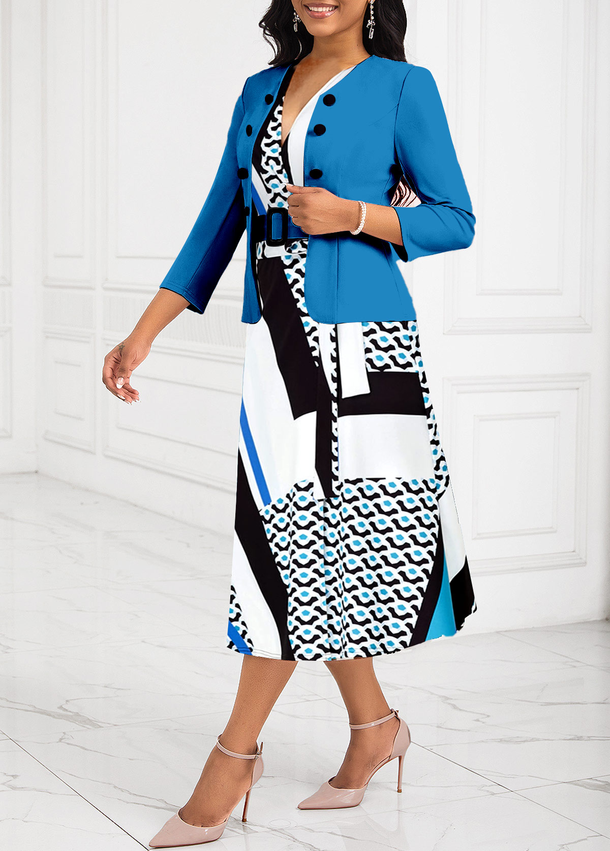 Blue Two Piece Geometric Print V Neck Dress | picture 