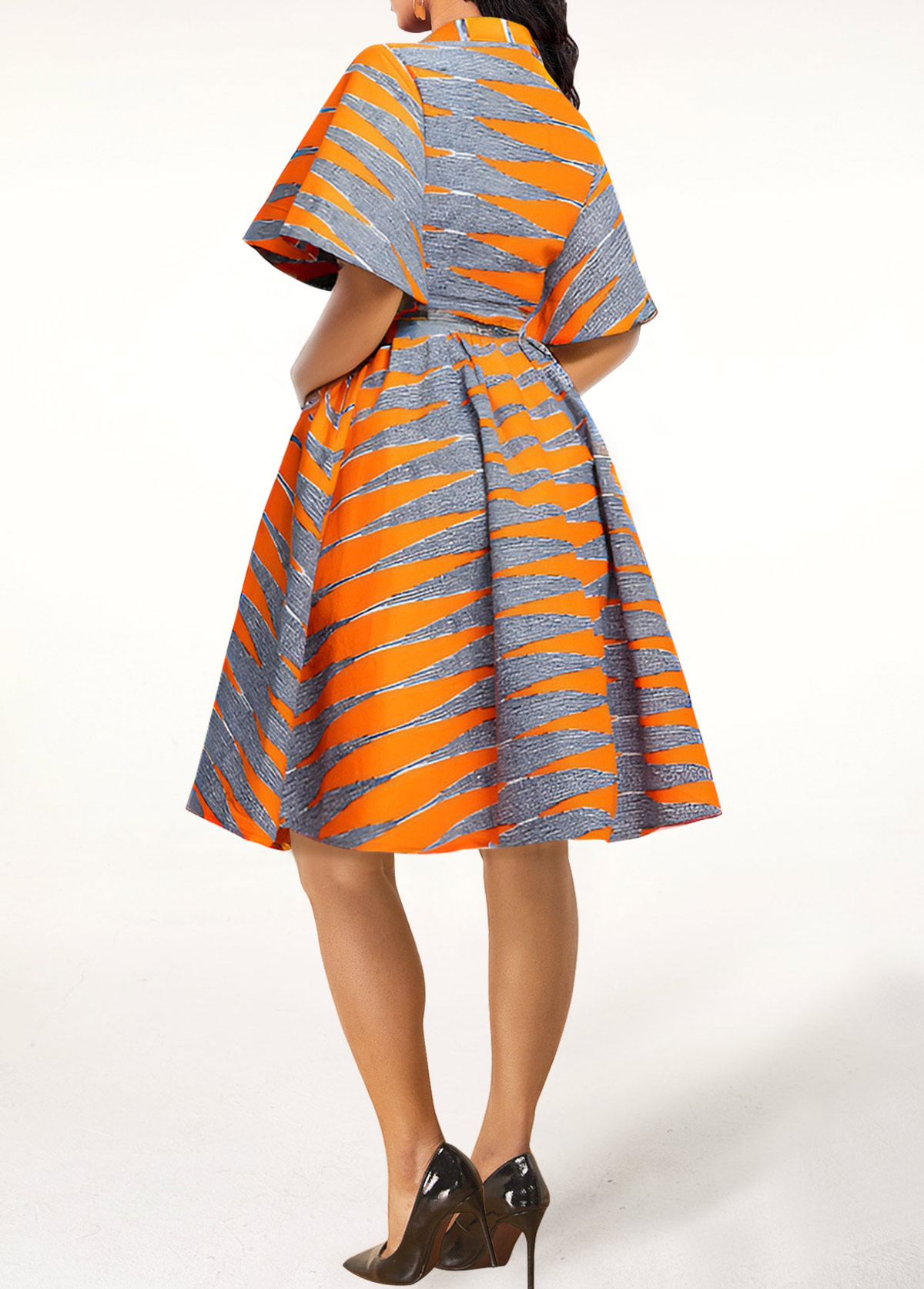 Orange Button Tribal Print Belted Short Sleeve Dress