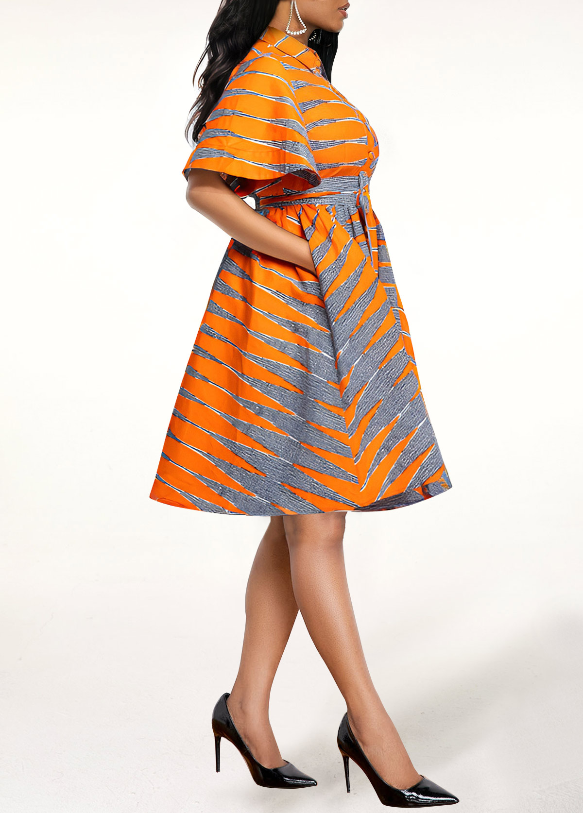 Orange Button Tribal Print Belted Short Sleeve Dress