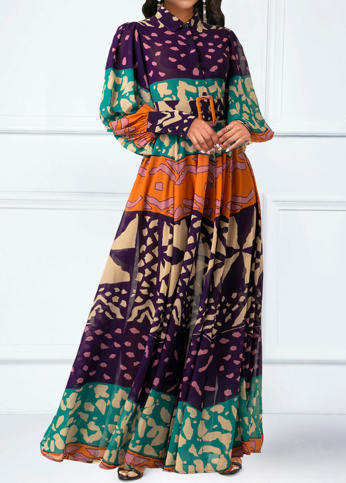 Multi Color Split Tribal Print Belted Maxi Dress